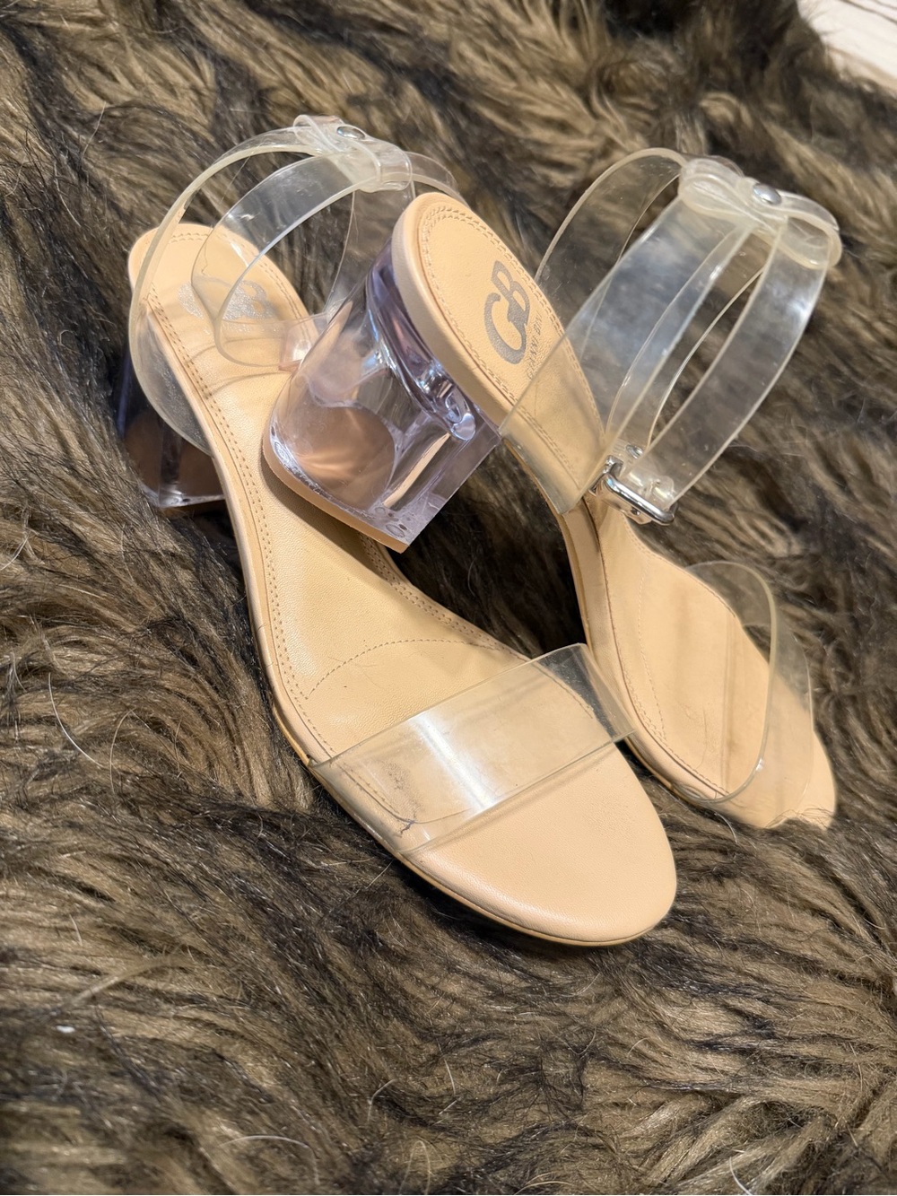 Gianni Bini Clear Strap Beige Block Heel Sandals